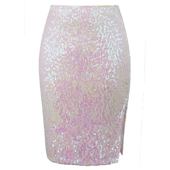 White/Pink Multi-hue Sequin Midi Skirt L *NWT* - Picture 1 of 8